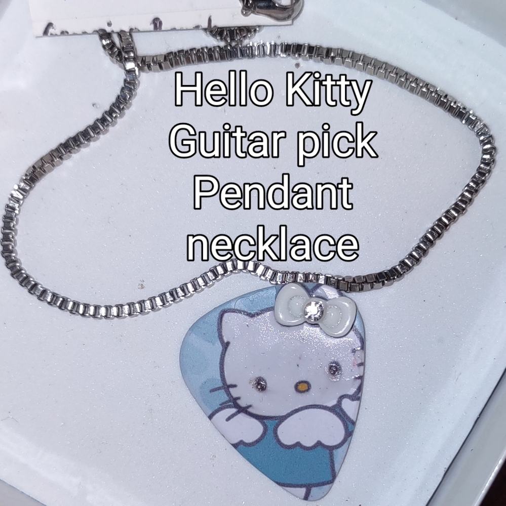 Hello Kitty w/ Bow Light Blue Guitar Pick Pendant Hand Crafted Necklace